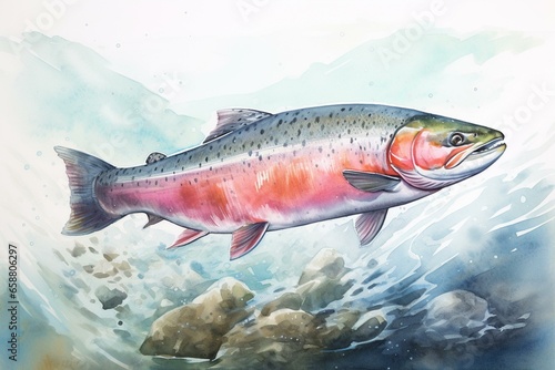 Salmon swimming gracefully in a serene Scandinavian watercolor painting on canvas. Generative AI