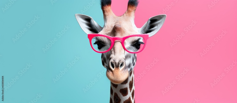 Amusing animals in contemporary collage artwork with giraffe and colorful background - obrazy, fototapety, plakaty 
