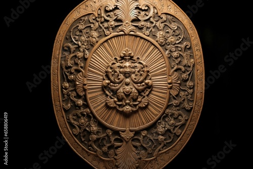 An intricately designed shield made of wood. Generative AI