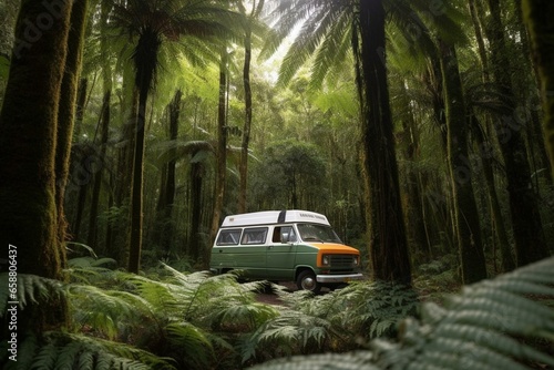 Rainforest camper van surrounded by lush flora, camping beneath tall trees. Generative AI