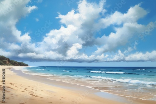 A painting of a sandy beach with blue water and clouds. Generative AI