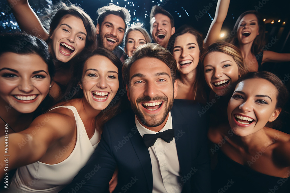 Obraz premium Cheerful crowd cheering. Women and men standing at party night, meeting. Party people celebrating in the club. Generative AI.