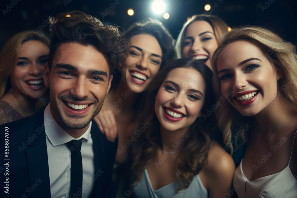 Obraz premium Cheerful crowd cheering. Women and men standing at party night, meeting. Party people celebrating in the club. Generative AI.