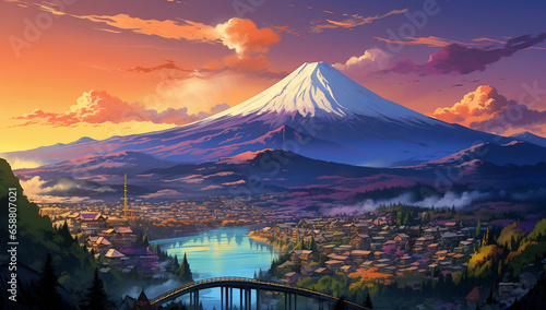 Fuji Sunset Dreams, Magical New Year Greeting Card with Mount Fuji Panorama, City Town, and Celestial Splendor