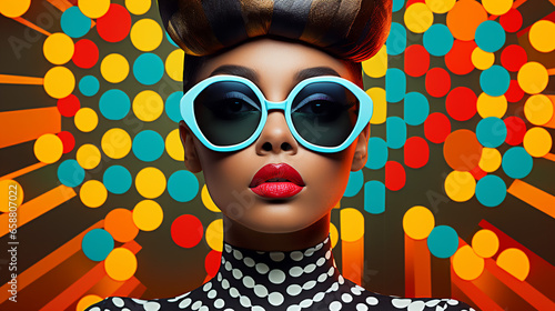 Fashion retro futuristic ebony girl wearing sunglasses. Futuristic pop art fashion woman with geometric pattern background