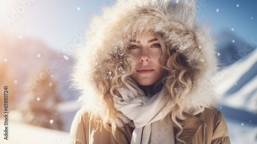 Professional photo of a woman in the fur hood of a winter brown jacket surrounded by snow and a Christmas tree in the background.