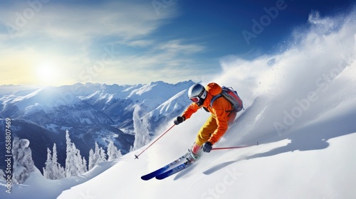 A man riding skis down the side of a snow covered slope © Artur