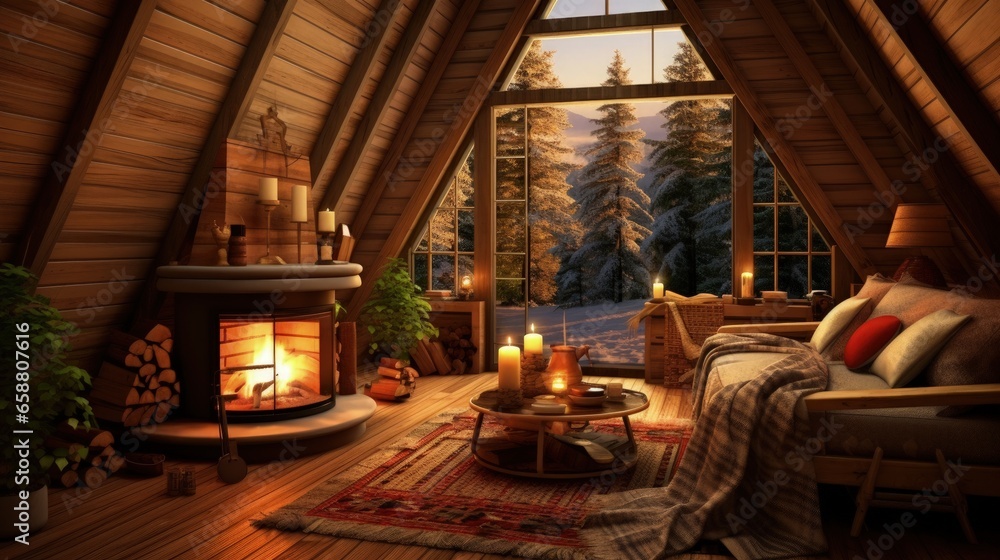 Cozy living room in a triangular wooden cabin in the forest during a winter day with a fireplace