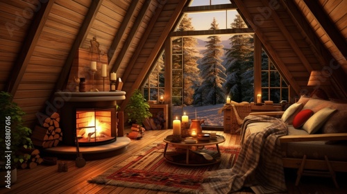 Cozy living room in a triangular wooden cabin in the forest during a winter day with a fireplace