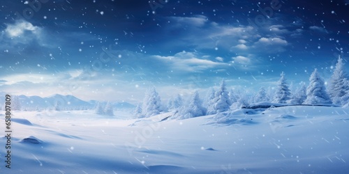 Snowy winter landscape. Abstract Christmas snowflakes. Snow drifts over the mountains with night sky. 