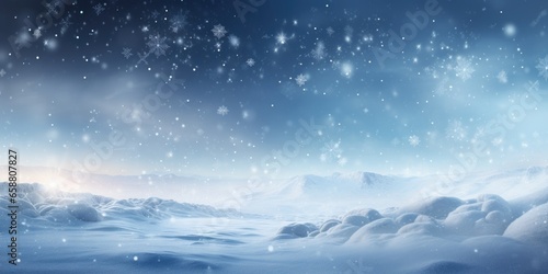 Snowy winter landscape. Abstract Christmas snowflakes. Snow drifts over the mountains with night sky.  © Fox Ave Designs