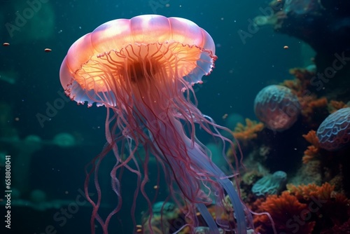 Mesmerizing surreal jellyfish in a stunning aquarium setting. Generative AI