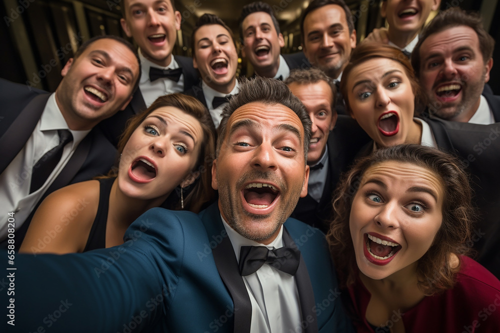 Cheerful crowd cheering. Women and men standing at party night, meeting. Party people celebrating in the club. Generative AI. Cheerful crowd cheering. Women and men standing at party night, meeting. Party people celebrating in the club. Generative AI.