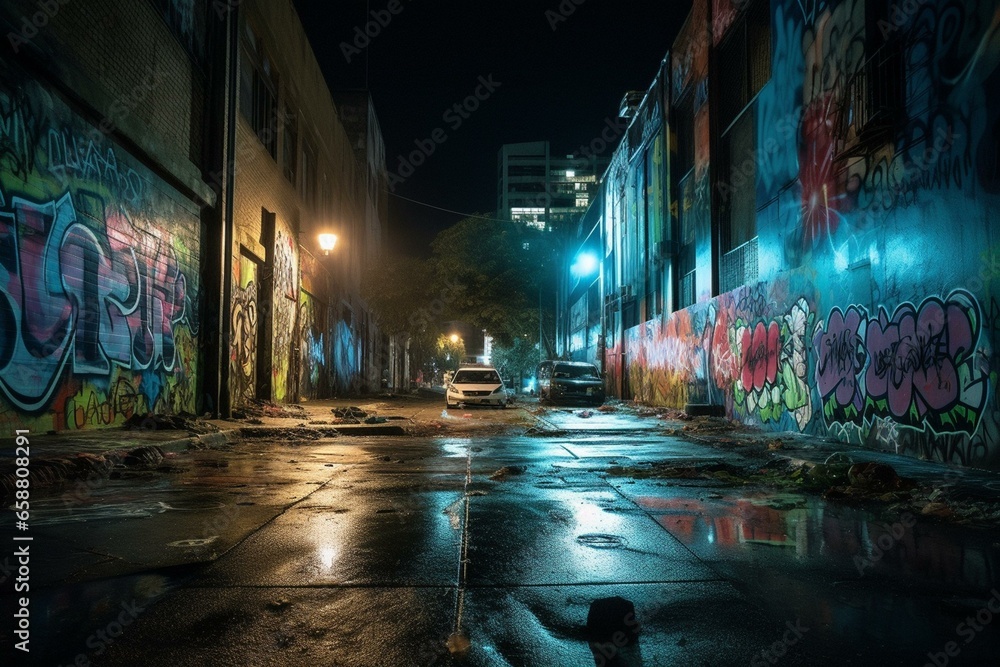 A futuristic city street with graffiti at night, portraying a dystopian urban setting. Street art and abstract airspray create a backdrop of vandalism. Generative AI