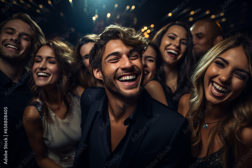 Cheerful crowd cheering. Women and men standing at party night, meeting. Party people celebrating in the club. Generative AI. Cheerful crowd cheering. Women and men standing at party night, meeting. Party people celebrating in the club. Generative AI.