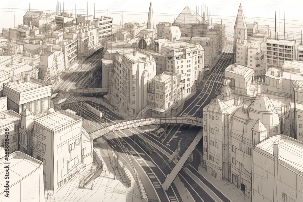 3D sketch of a cityscape with architectural structures and paved pathways. Generative AI
