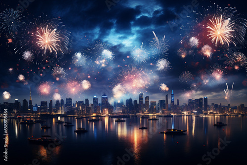 Illuminated night sky with vibrant fireworks celebrating New Year