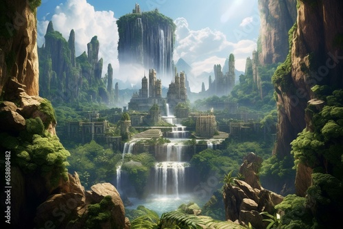 Stunning view of a lush landscape featuring a majestic waterfall amidst vibrant greenery. Generative AI