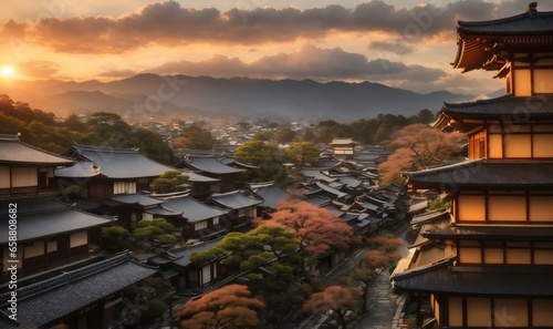 Wallpaper Mural beautiful sunset bursts over the roofs of old buildings in Kyoto, Japan Torontodigital.ca