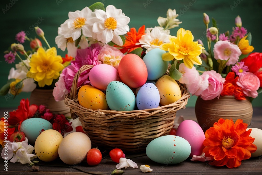 Colorful eggs in basket amidst flowers and easter décor. Generative AI