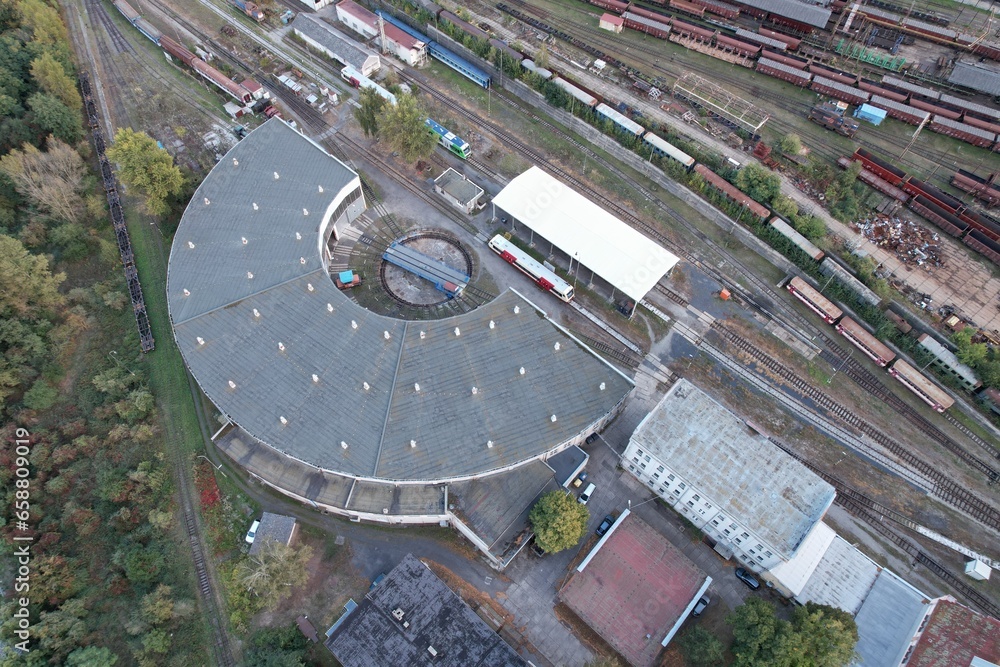 Railway turntable for locomotives aerial view train turntable	
