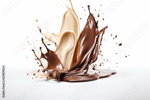 Splash of chocolate in white and brown with cutout path. Generative AI