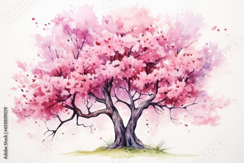Cherry blossom tree watercolor illustration. Generative AI © Jahzara