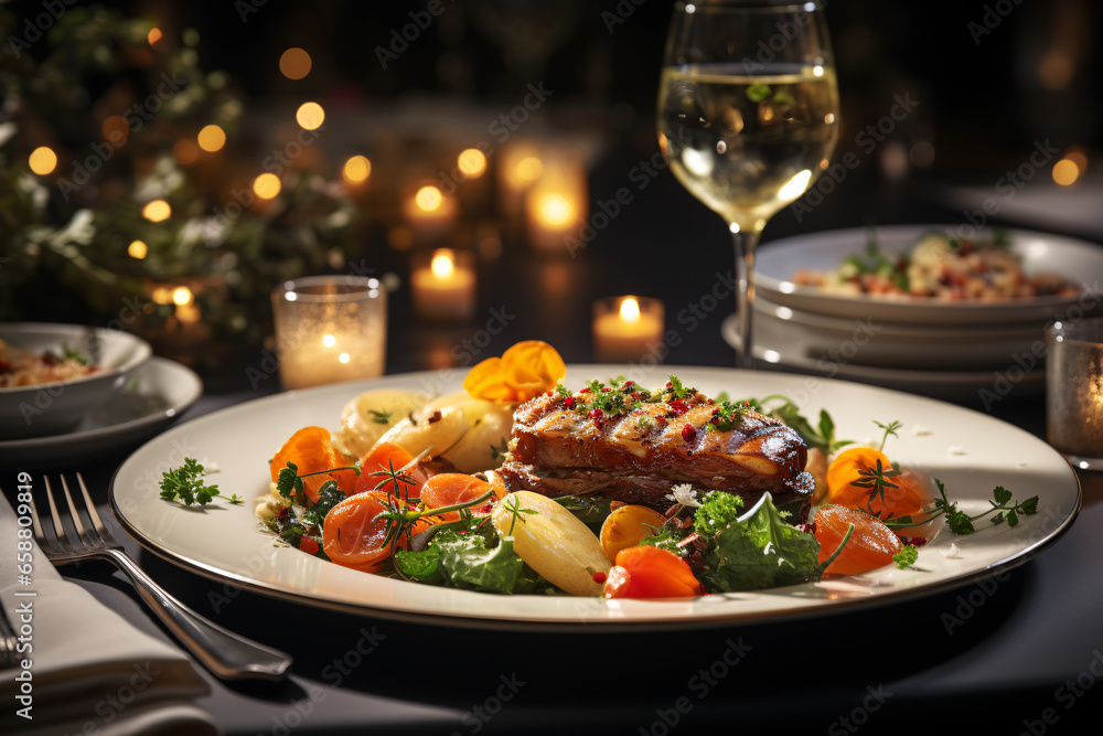 Elegant table setting with candles in restaurant. Selective focus. Romantic dinner setting with candles on table in restaurant.
