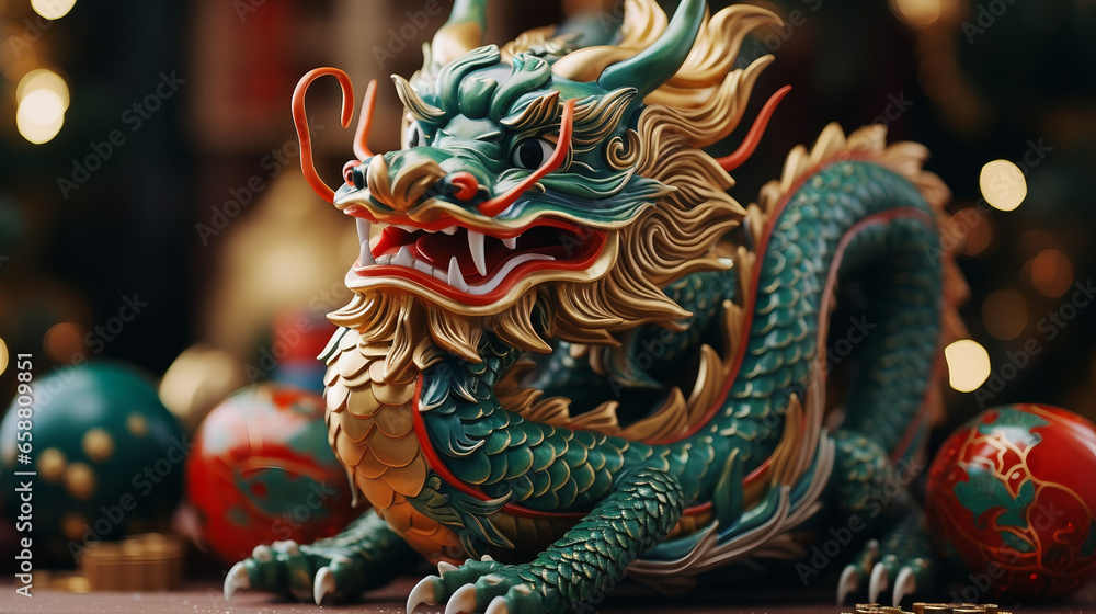 Festive Chinese Green Dragon with New Year Holiday Decor and Christmas Tree Toy Festive Chinese Green Dragon with New Year Holiday Decor and Christmas Tree Toy
