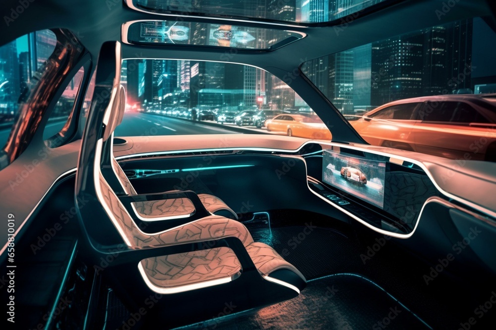 Inside self-driving vehicle. Advanced automotive technology. Generative AI