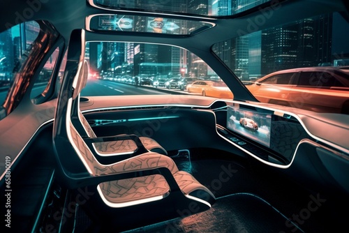 Inside self-driving vehicle. Advanced automotive technology. Generative AI photo