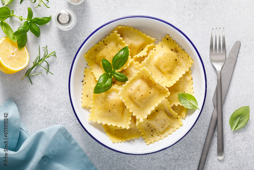 Ravioli with ricotta cheese and fresh basil, top view