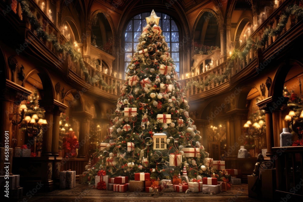 Christmas tree in the interior of the gothic library with Christmas gifts. Created with Generative AI tools