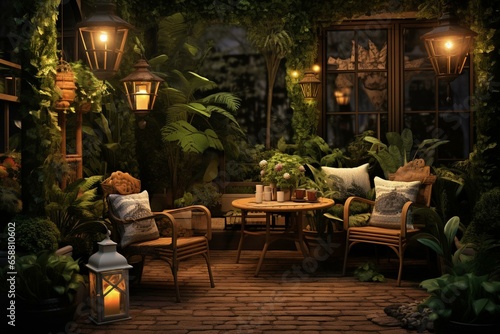 A small outdoor space with seating arrangements  greenery  and a lamp on a table. Generative AI