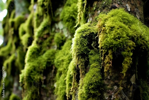 Mossy growth on a tree's outer layer. Generative AI