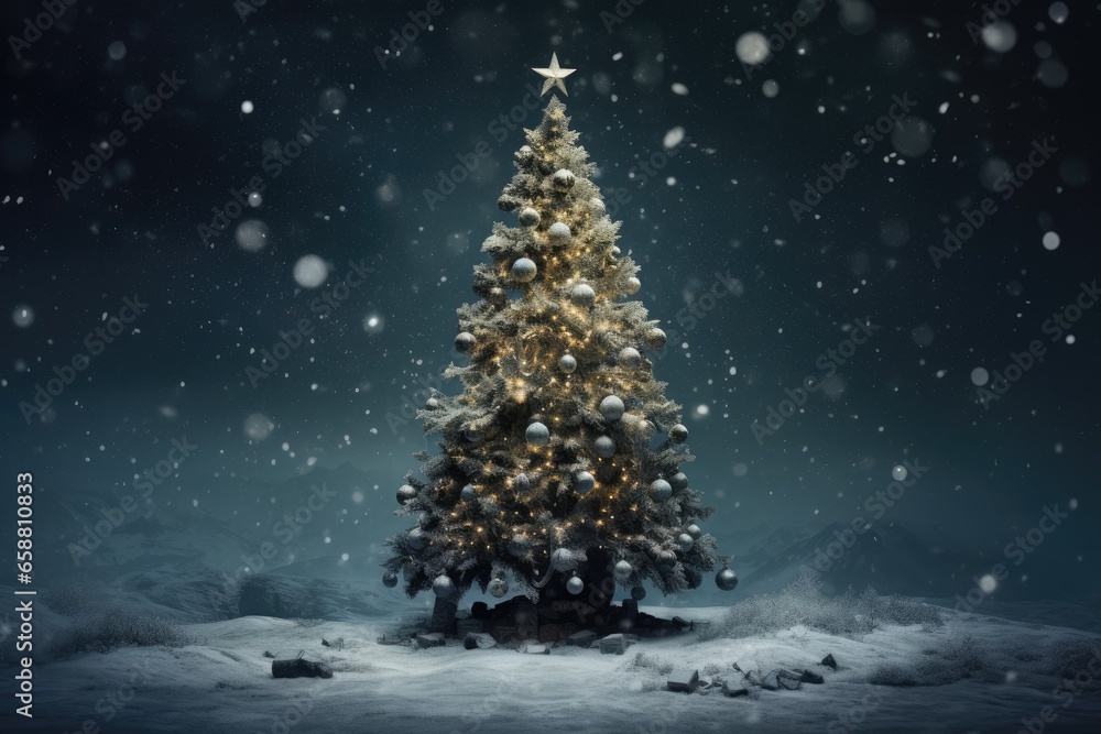 Christmas tree in snow with stars and snowflakes on dark background. Created with Generative AI tools