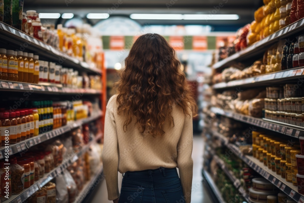 Back view of the woman in the grocery store