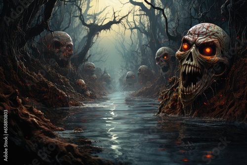 Halloween background skulls in the river. Created with Generative AI tools
