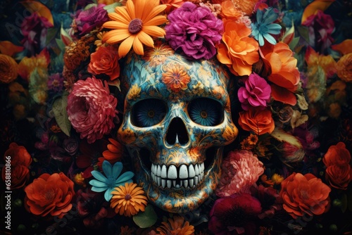 Mexican Day of the Dead skull with colorful flowers on dark background. Created with Generative AI tools