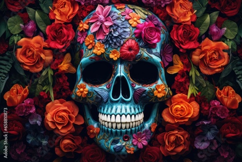Mexican sugar skull on colorful flowers background. Day of The Dead. Created with Generative AI tools