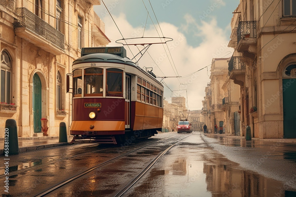 Historic tram passing through ancient city streets. Generative AI