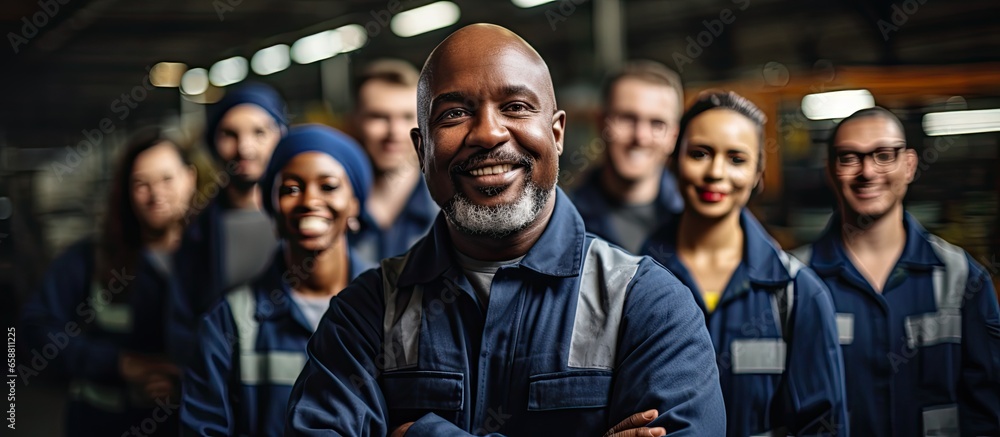 Multiracial factory workers collaborate in safety uniforms expressing unity and happiness in their mechanical profession With copyspace for text Multiracial factory workers collaborate in safety uniforms expressing unity and happiness in their mechanical profession With copyspace for text
