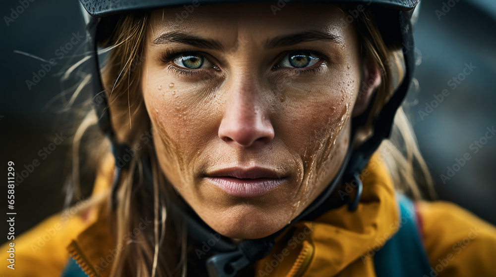 an adventurous woman rock climber scales the face of a challenging cliff, her determined gaze and strong posture reflecting the physical an adventurous woman rock climber scales the face of a challenging cliff, her determined gaze and strong posture reflecting the physical