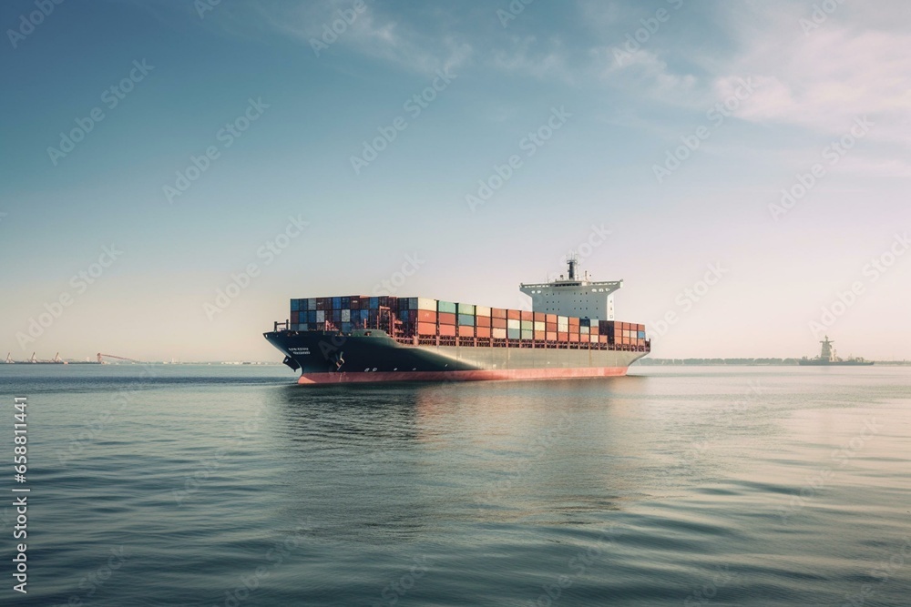 Massive container vessel with stacked cargo against clear sky. Generative AI