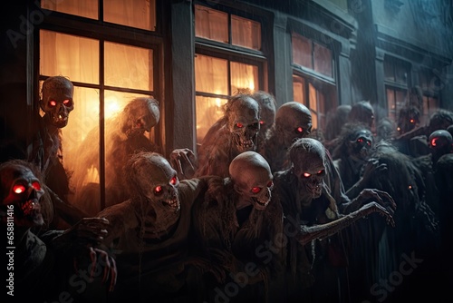 Scary halloween concept. Group of zombies coming out of the window at night. Created with Generative AI tools