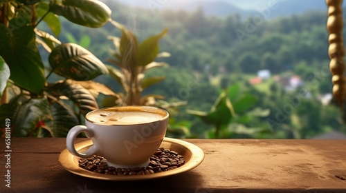 cup of delicious coffee and coffee beans, blurred mountains background