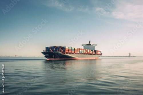 Massive container vessel with stacked cargo against clear sky. Generative AI