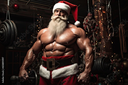 Portrait of a brutal Santa Claus in a gym. Christmas. Created with Generative AI tools © DIGITALSHAPE