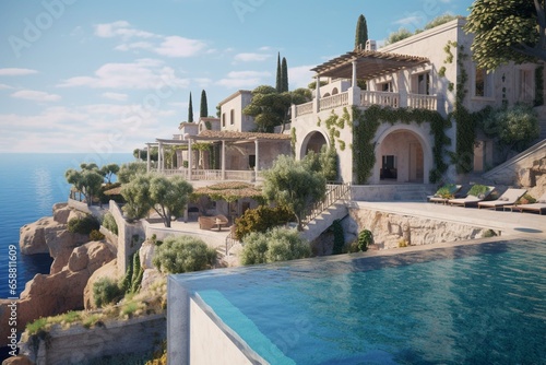 Fototapeta A classic Mediterranean hilltop house with a pool and breathtaking ocean scenery