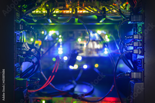 Plugged power cables (IEC 60320 C14) to sockets (IEC 60320 C13) in a server rack. photo